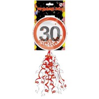 Geschenkverpackungs-Deko "Verkehrsschild 30" mit Konfetti und Ringelband
